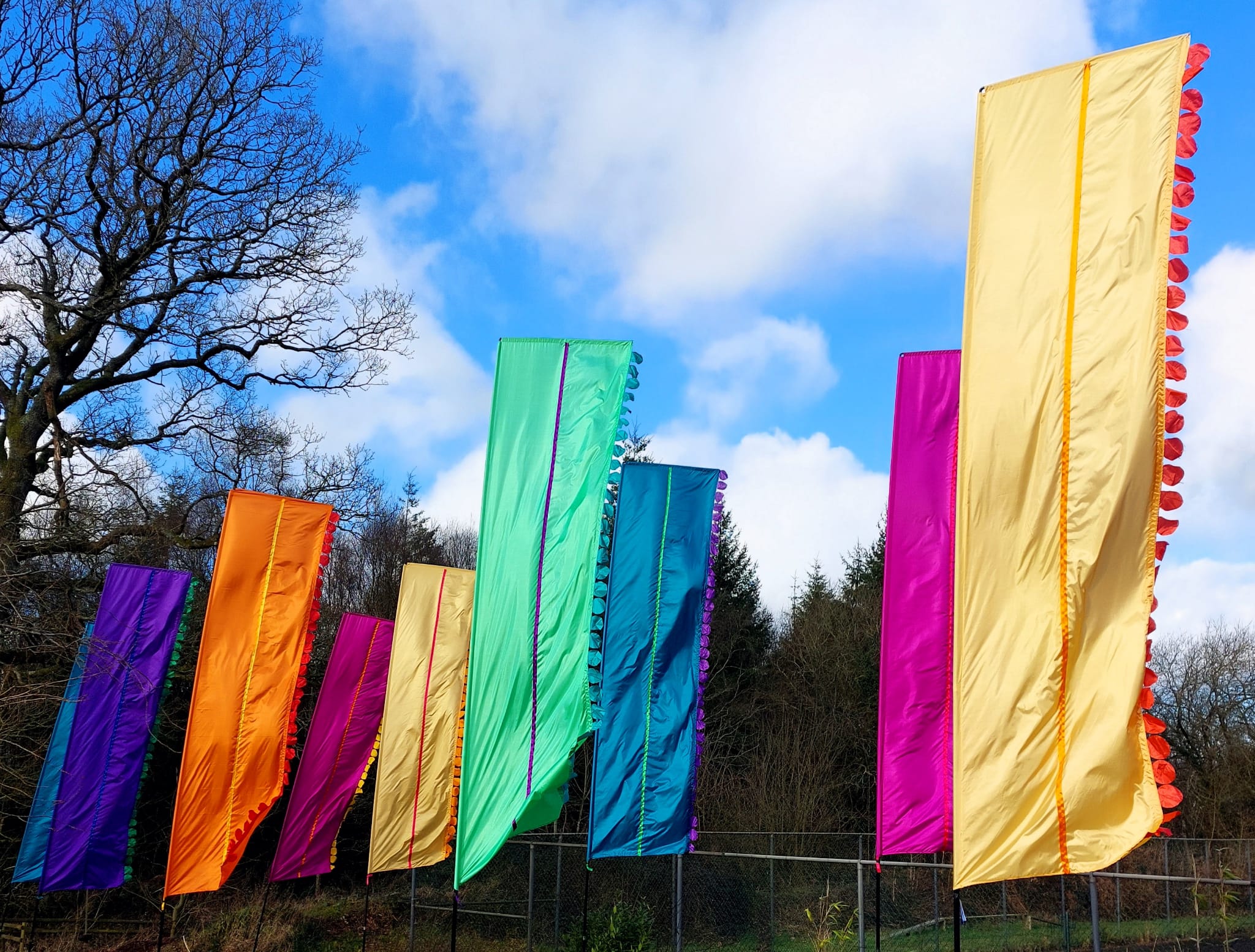 Festivalvlaggen Zomerse Strepen in verschillende kleuren op een grasveld.